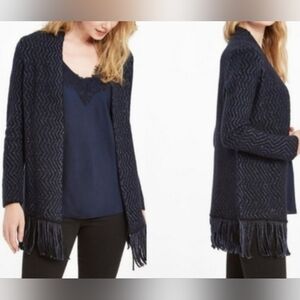 NIC+ZOE Size X-Small Petite Blue Silver Wavy Design Fringed Cardigan Sweater NEW